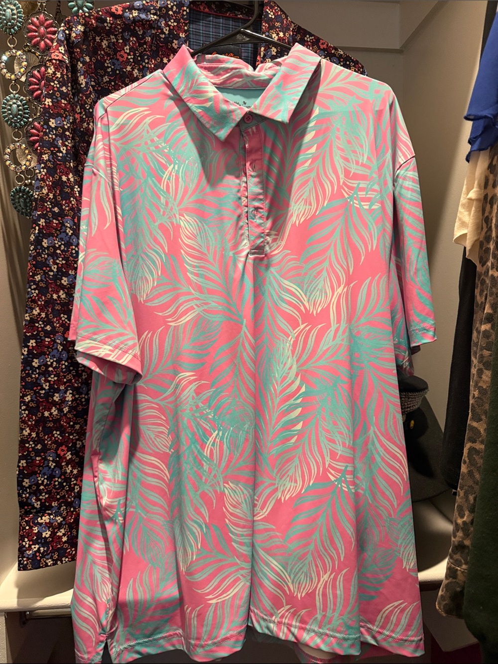 Men's Pink Leaf-Print Polo Shirt with Mint Accents